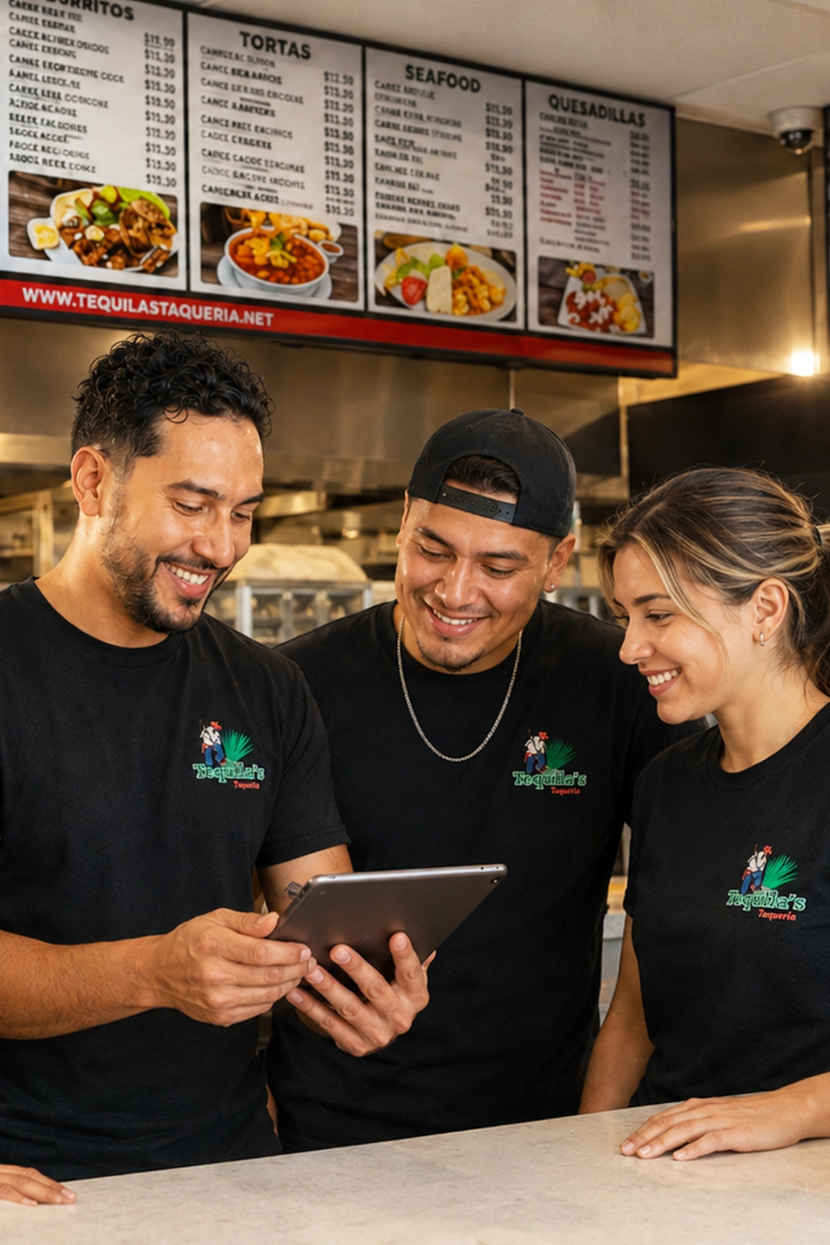 Restaurant team collaborating together inside a Tequila's Taqueria location
