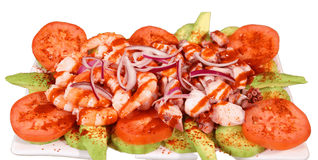Octopus and shrimp botana, with spicy salad Plate of shrimp and octopus with hot sauce and salad