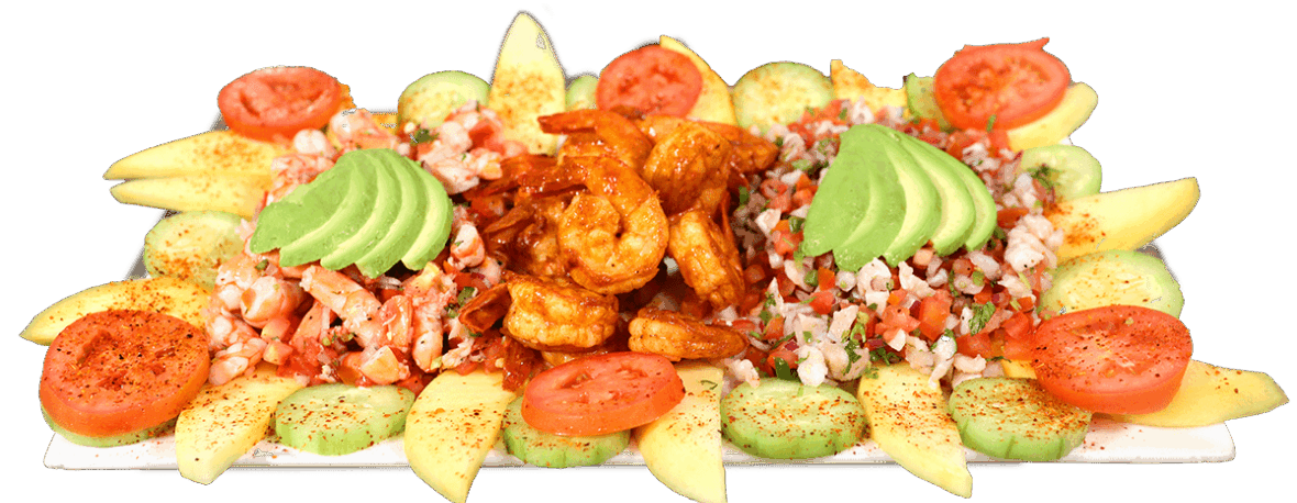 Super botana dish with shrimps, ceviche, and spicy season fruit Shrimp and fish ceviche with salad and hot sauce